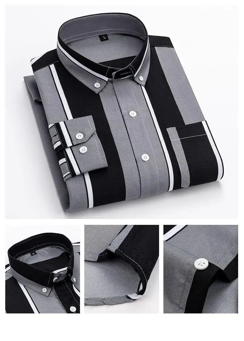 Y2k Spring and Autumn Men's Striped Shirt Long Sleeve Business Casual Square Collar