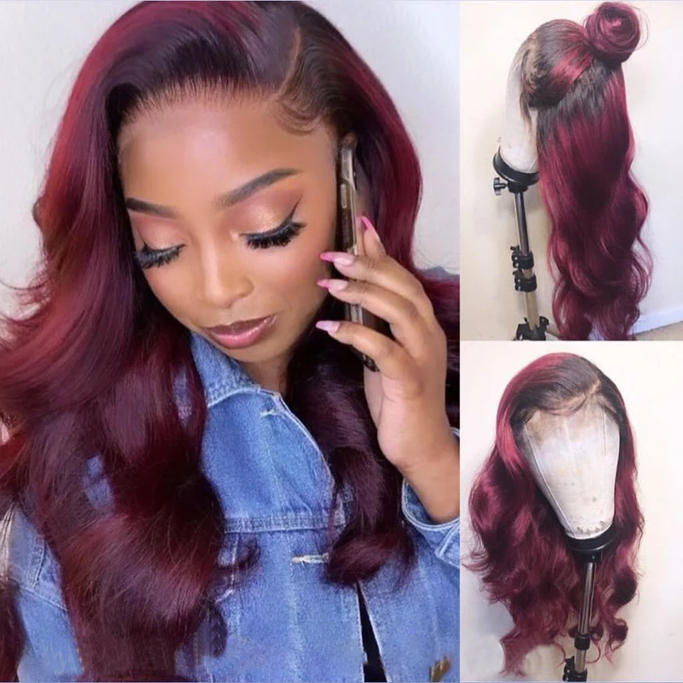 1B 99J/Burgundy 13x4 Body Wave Lace Front Human Hair Wigs For Women HD Transparent Lace Frontal Wig Colored Red Human Hair Wig