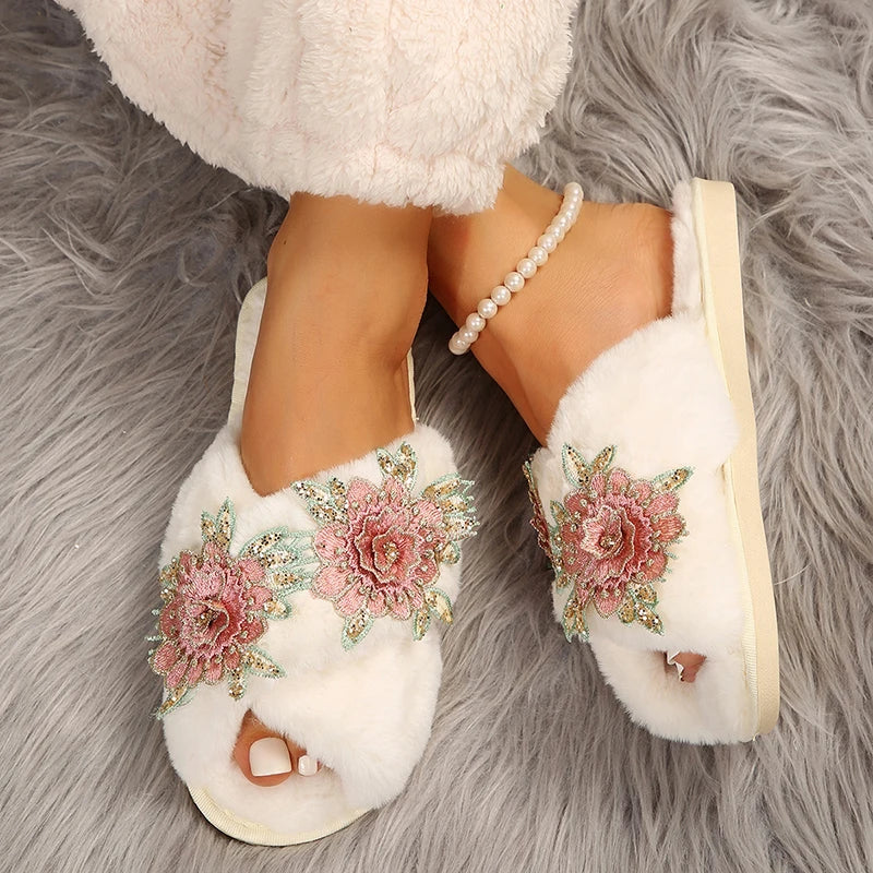 Crystal Flower Flat Heels Fur Slippers Women 2023 Autumn Winter