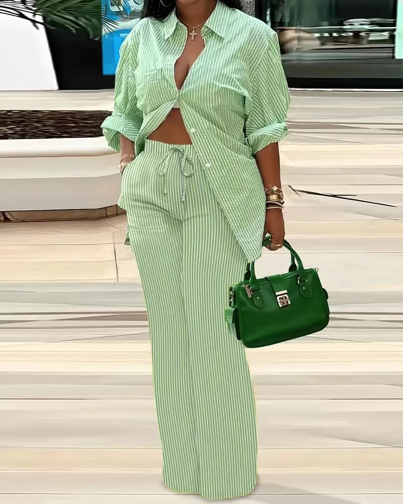 Autumn Fashion Printing Two Piece Set Women Casual Loose Button Long Sleeve Shirt Wide