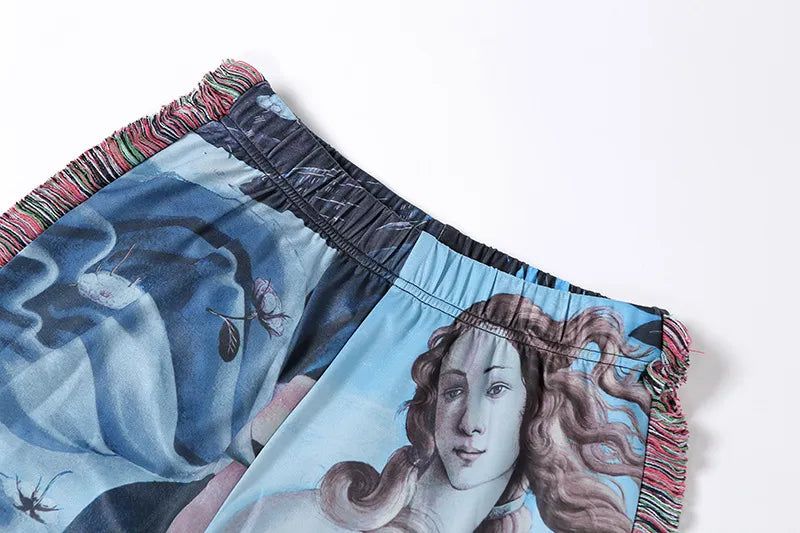 Paisley Print Women Pants Sheer Tassel High Waist Party Clubwear Trousers Floral Streetwear