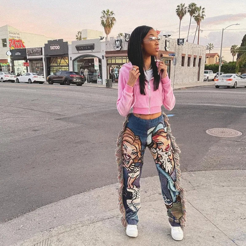 Paisley Print Women Pants Sheer Tassel High Waist Party Clubwear Trousers Floral Streetwear