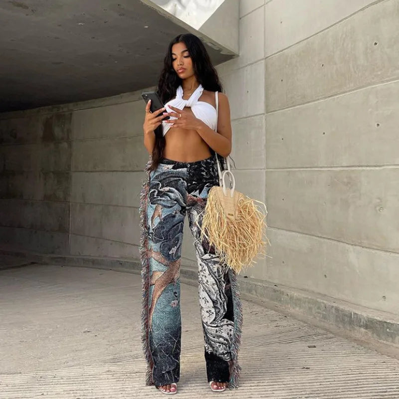 Paisley Print Women Pants Sheer Tassel High Waist Party Clubwear Trousers Floral Streetwear