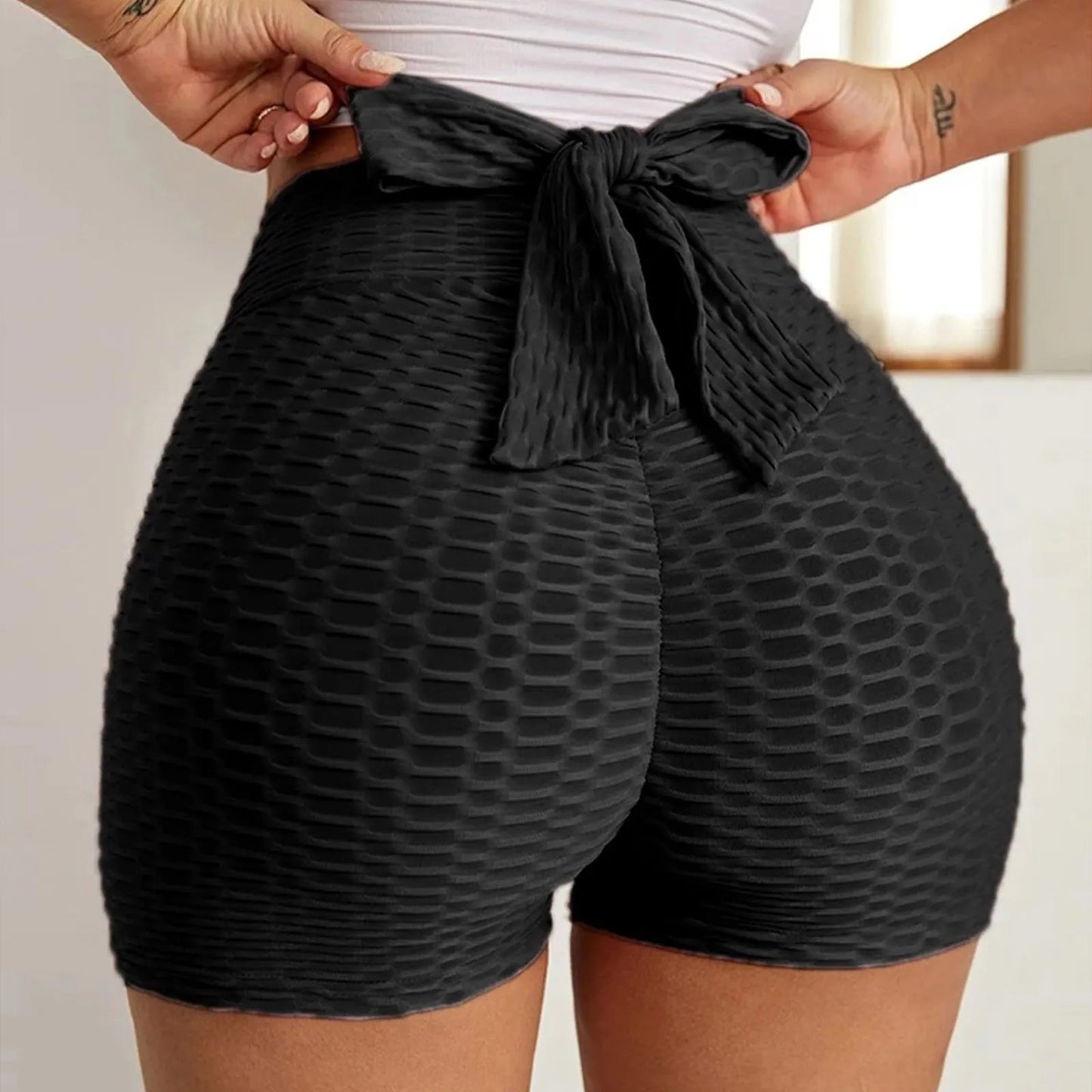Fitness Gym Solid Shorts For Women Casual Summer Bow High Waist Running