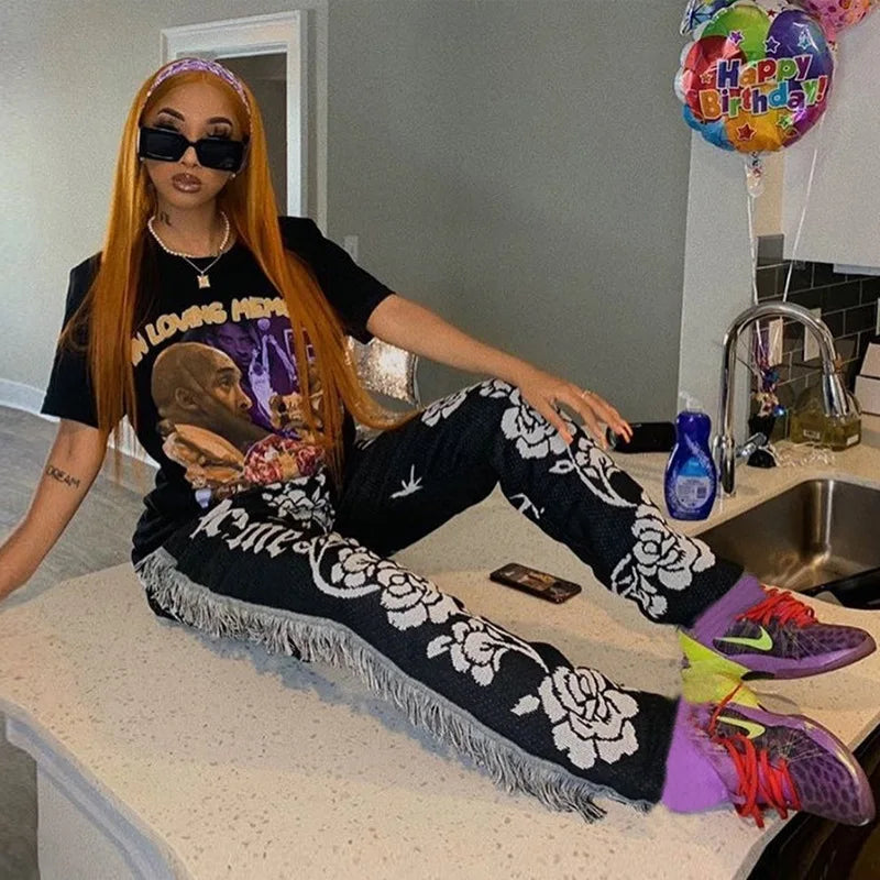 Paisley Print Women Pants Sheer Tassel High Waist Party Clubwear Trousers Floral Streetwear