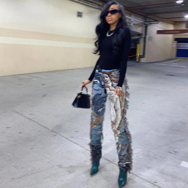 Paisley Print Women Pants Sheer Tassel High Waist Party Clubwear Trousers Floral Streetwear