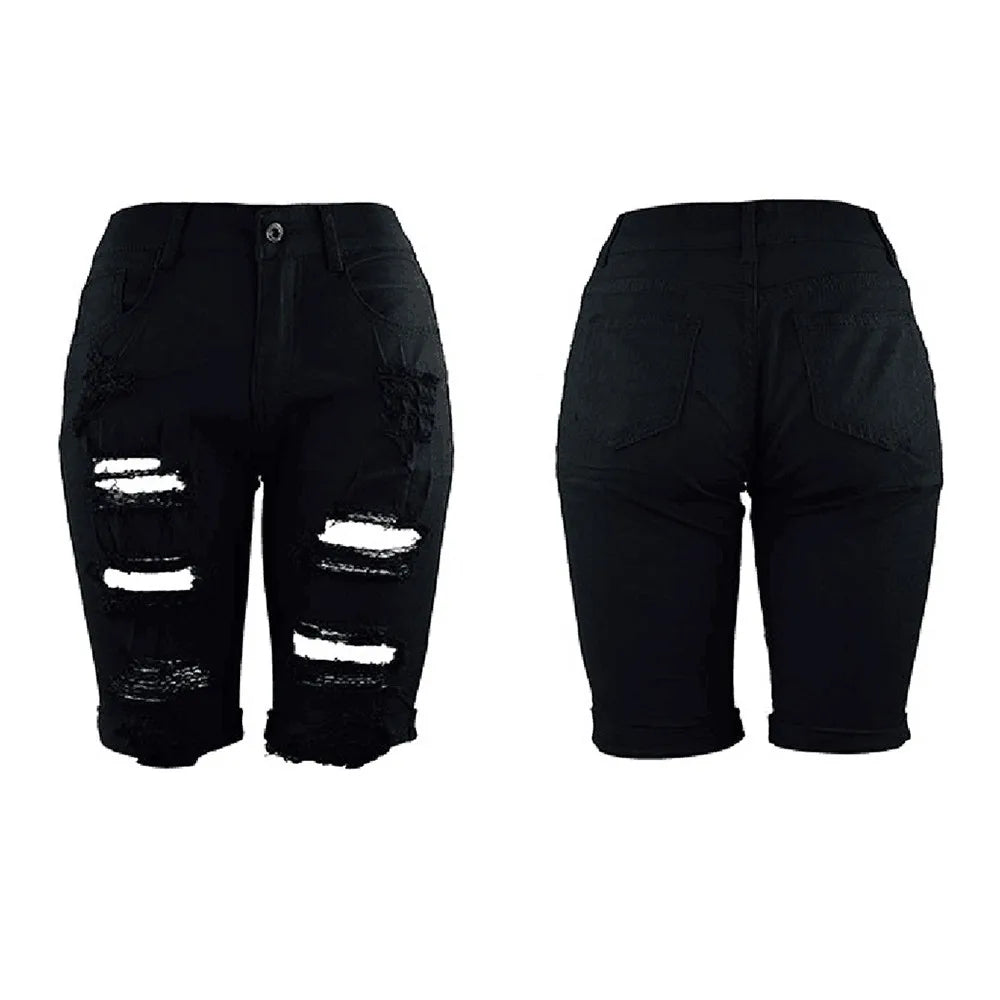 Women Shorts Elastic Destroyed Hole Short Pant Denim Shorts Ripped Jeans