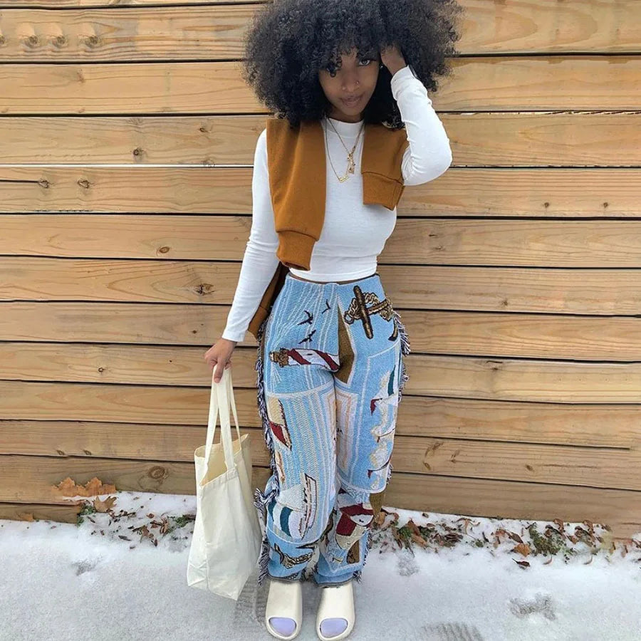 Paisley Print Women Pants Sheer Tassel High Waist Party Clubwear Trousers Floral Streetwear