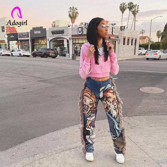 Paisley Print Women Pants Sheer Tassel High Waist Party Clubwear Trousers Floral Streetwear