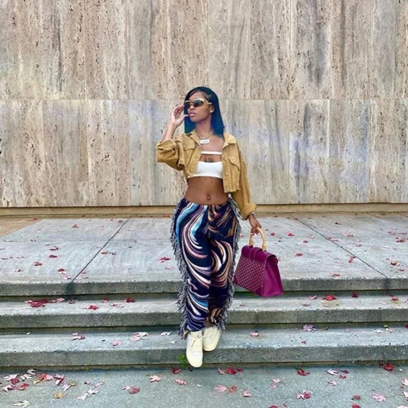 Paisley Print Women Pants Sheer Tassel High Waist Party Clubwear Trousers Floral Streetwear