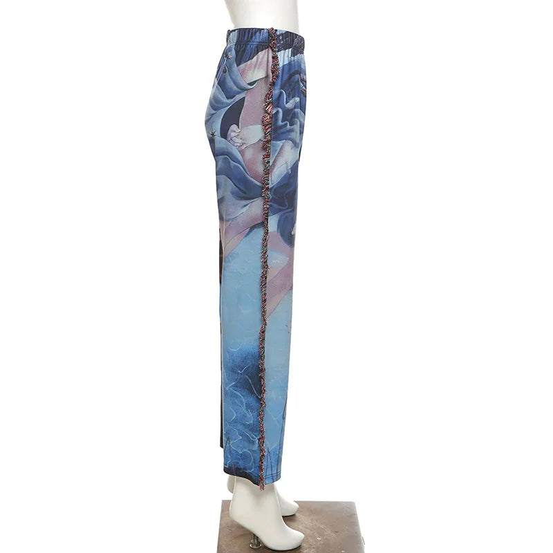 Paisley Print Women Pants Sheer Tassel High Waist Party Clubwear Trousers Floral Streetwear