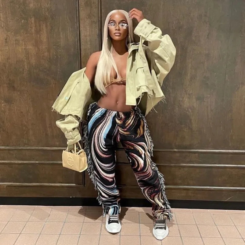 Paisley Print Women Pants Sheer Tassel High Waist Party Clubwear Trousers Floral Streetwear