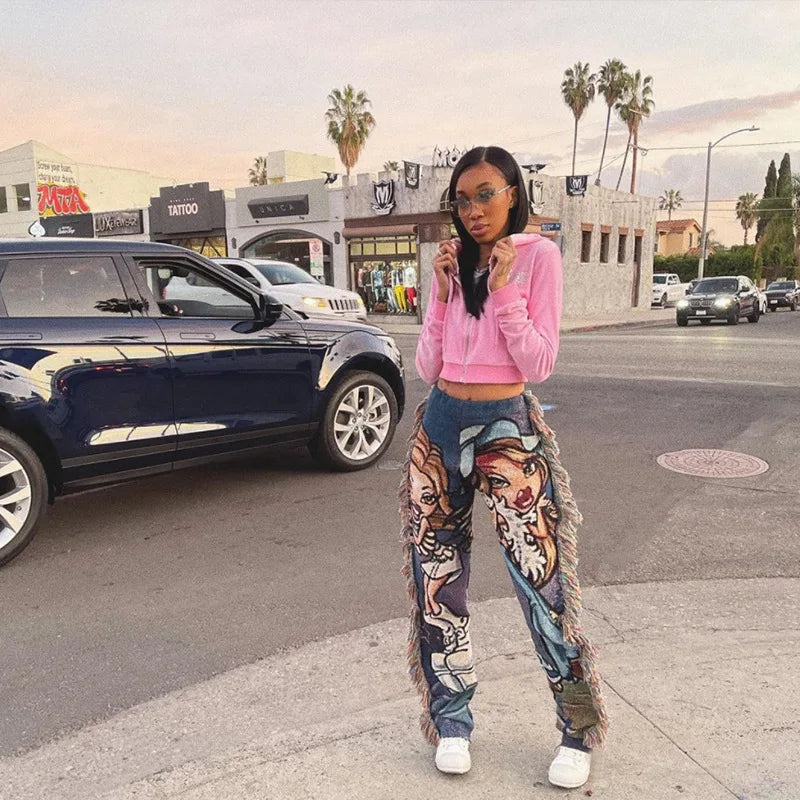 Paisley Print Women Pants Sheer Tassel High Waist Party Clubwear Trousers Floral Streetwear