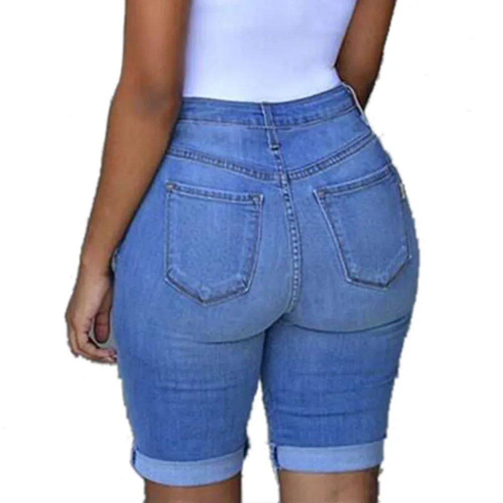 Women Shorts Elastic Destroyed Hole Short Pant Denim Shorts Ripped Jeans