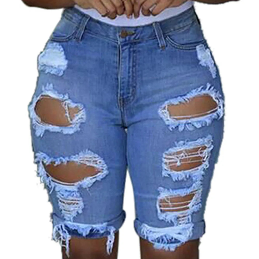 Women Shorts Elastic Destroyed Hole Short Pant Denim Shorts Ripped Jeans
