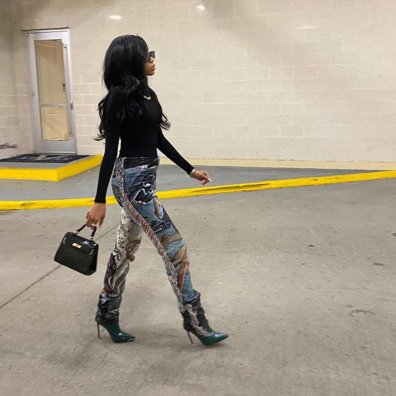 Paisley Print Women Pants Sheer Tassel High Waist Party Clubwear Trousers Floral Streetwear