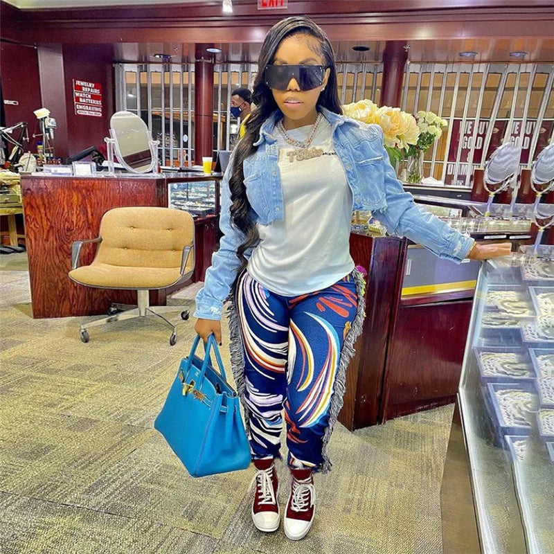 Paisley Print Women Pants Sheer Tassel High Waist Party Clubwear Trousers Floral Streetwear