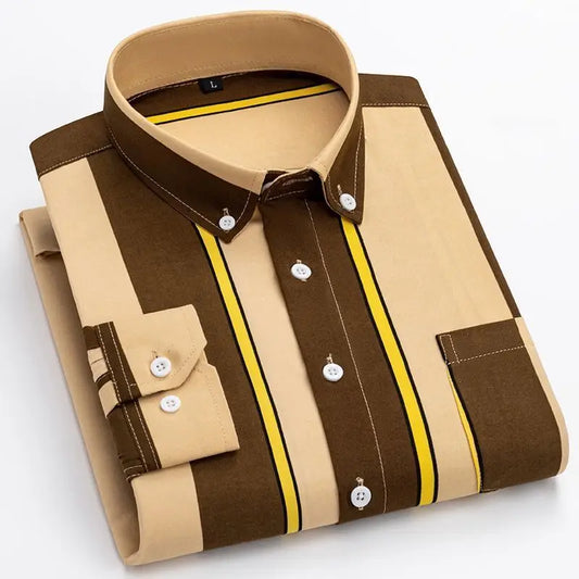 Y2k Spring and Autumn Men's Striped Shirt Long Sleeve Business Casual Square Collar