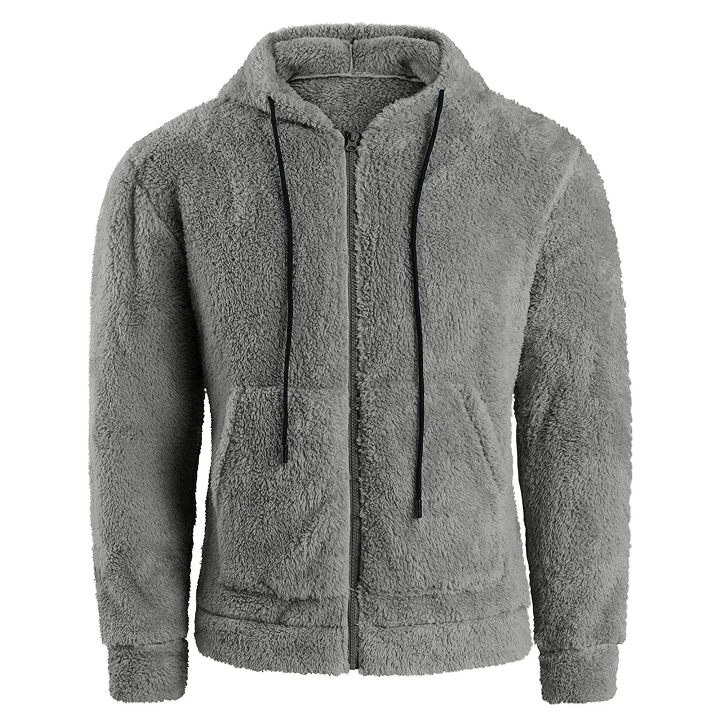 Men Coat Winter Fleece Jacket Plush Zipper Hooded Solid Soft Cold-proof Thermal