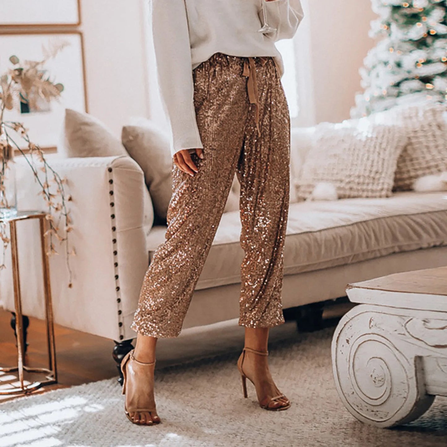 Sequin Pants For Women Sequined Shining Loose Full Pant Women Mid Waist Club Night Lady W