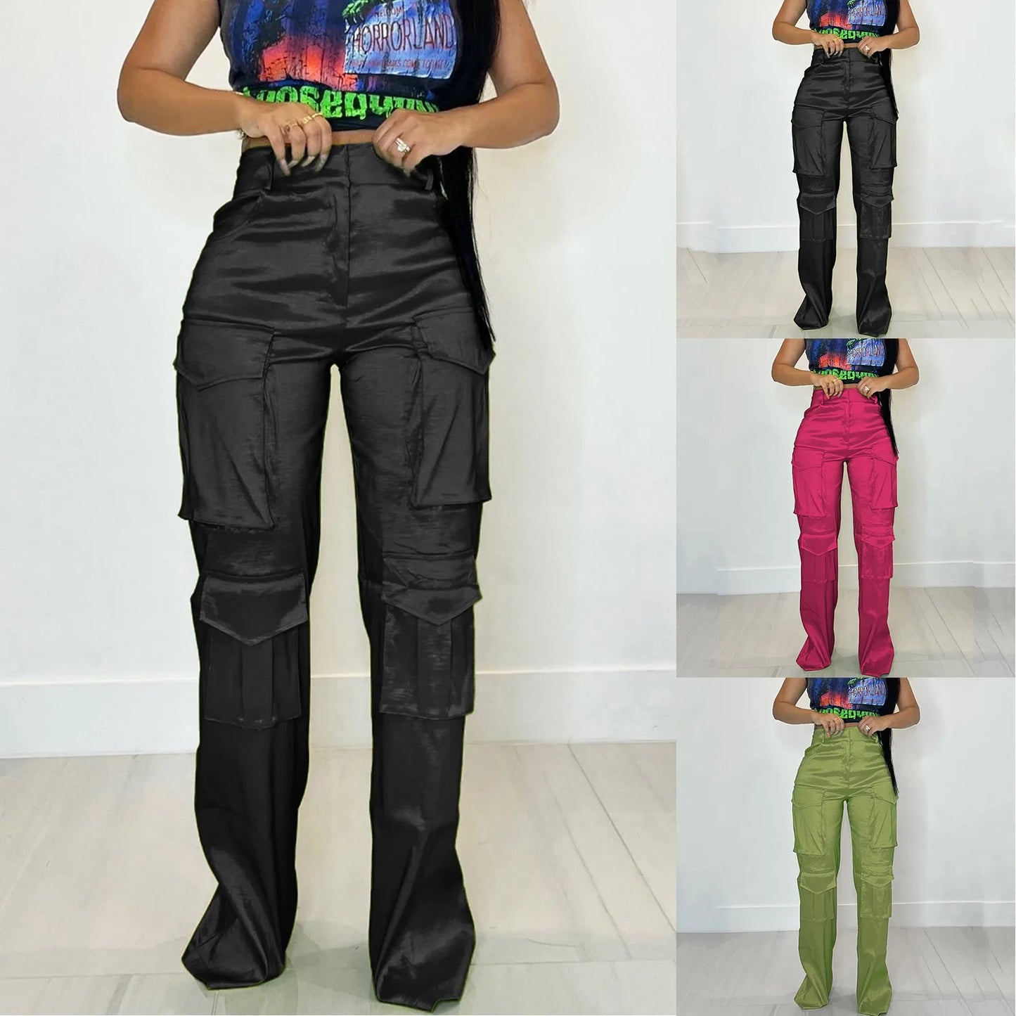 New Cargo Pants Female High Waist Wide Leg Trousers Women Fashion Pocket