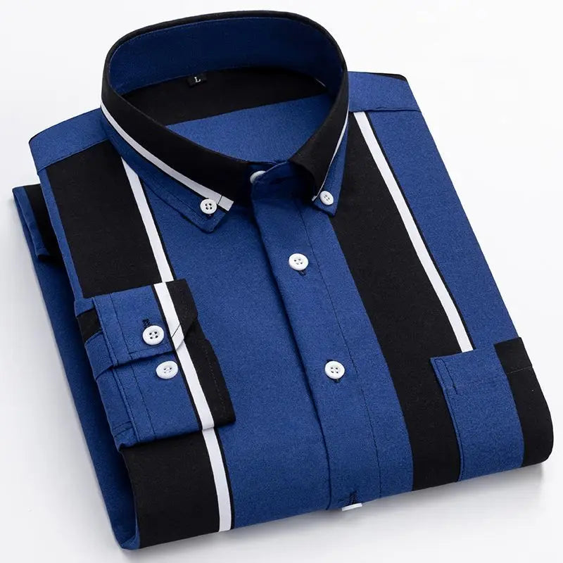 Y2k Spring and Autumn Men's Striped Shirt Long Sleeve Business Casual Square Collar