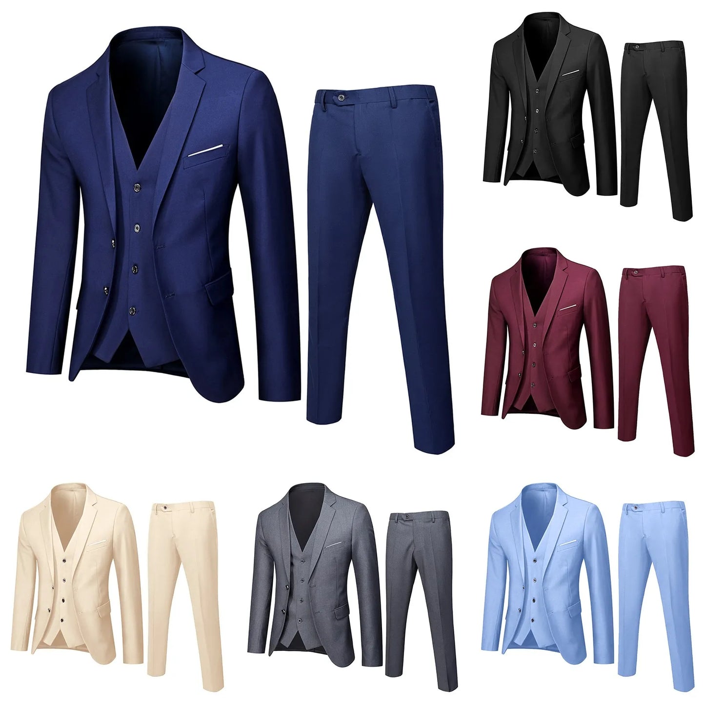 Men Blazers 3 Pieces Sets Business 2 Suits Vest Pants Blue Coats Wedding