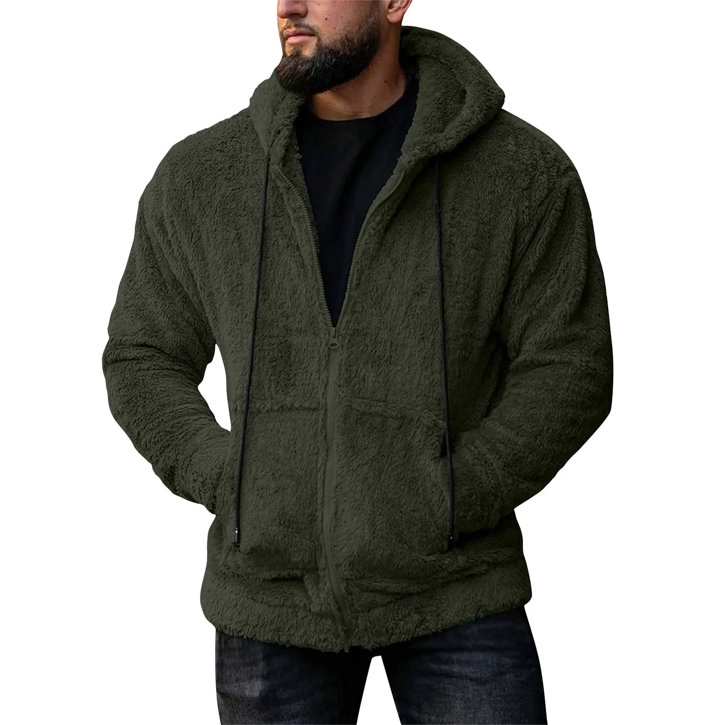 Men Coat Winter Fleece Jacket Plush Zipper Hooded Solid Soft Cold-proof Thermal