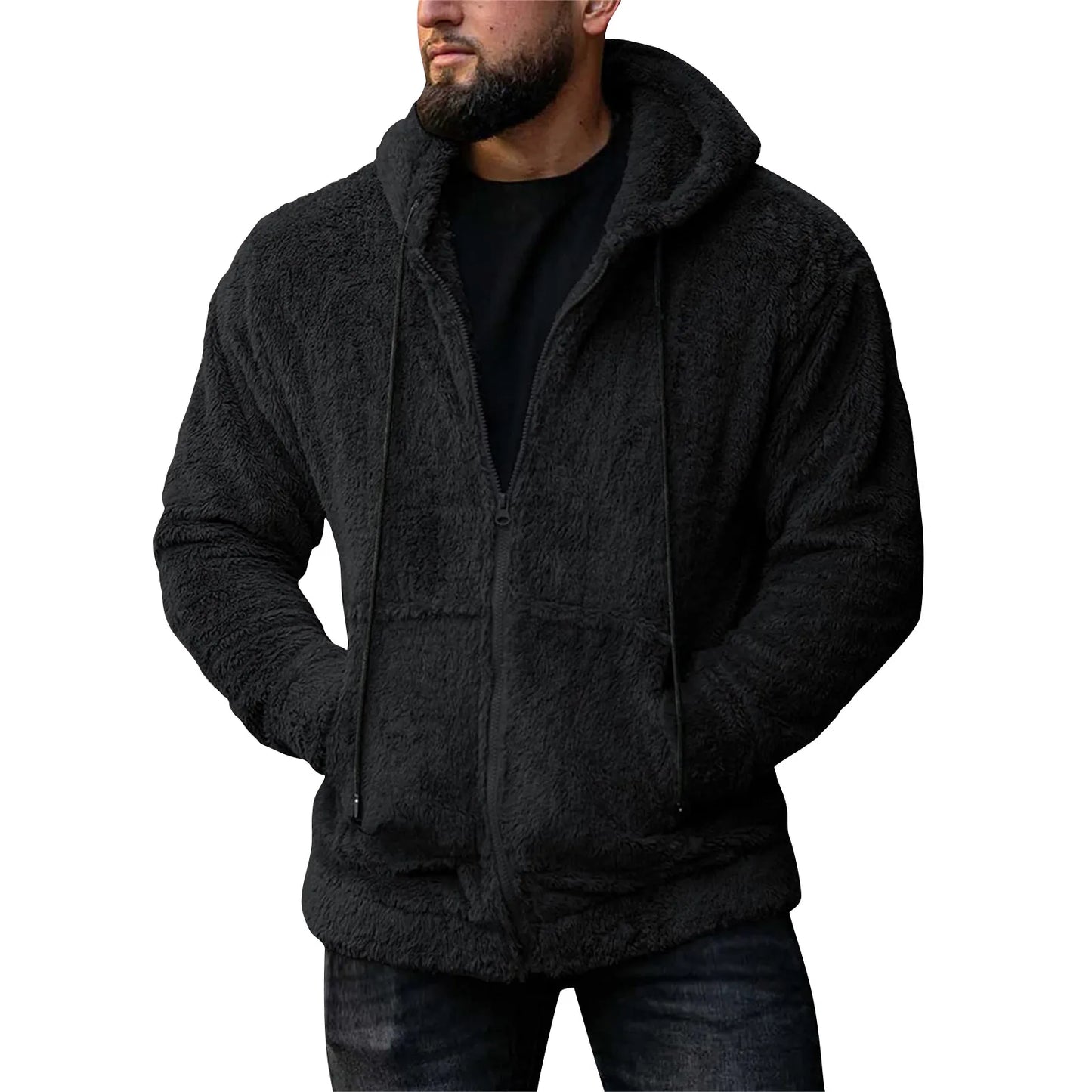 Men Coat Winter Fleece Jacket Plush Zipper Hooded Solid Soft Cold-proof Thermal