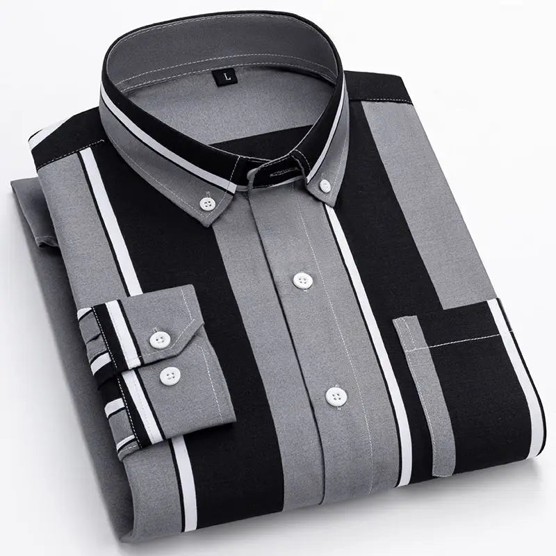 Y2k Spring and Autumn Men's Striped Shirt Long Sleeve Business Casual Square Collar