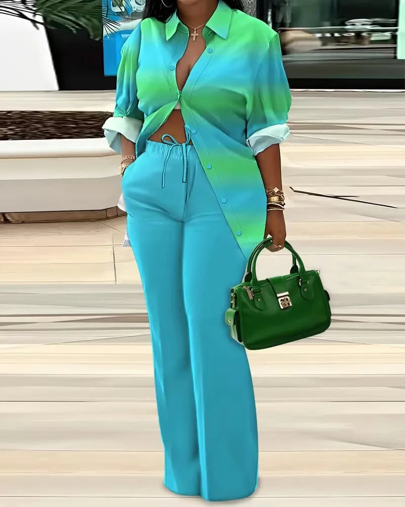 Autumn Fashion Printing Two Piece Set Women Casual Loose Button Long Sleeve Shirt Wide