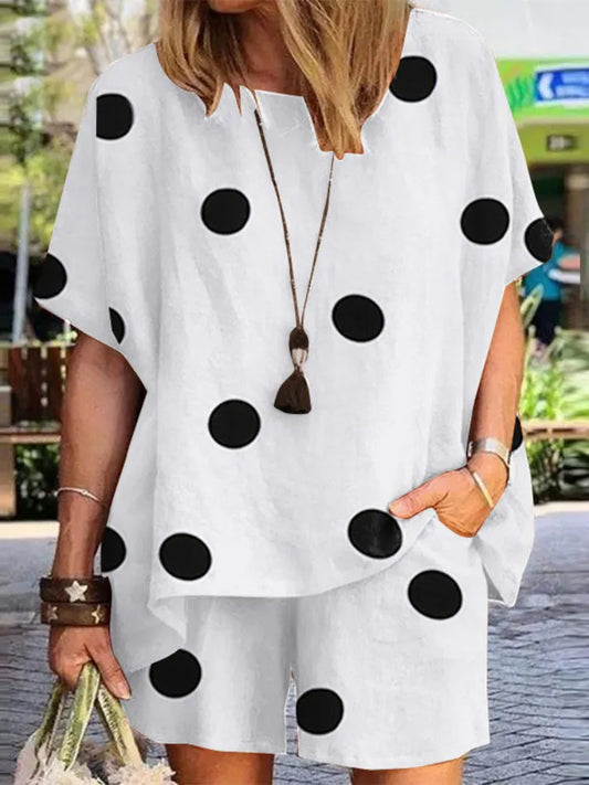 Summer Fashion New Women's Set Polka Dot Print Round Neck Loose Short Sleeve