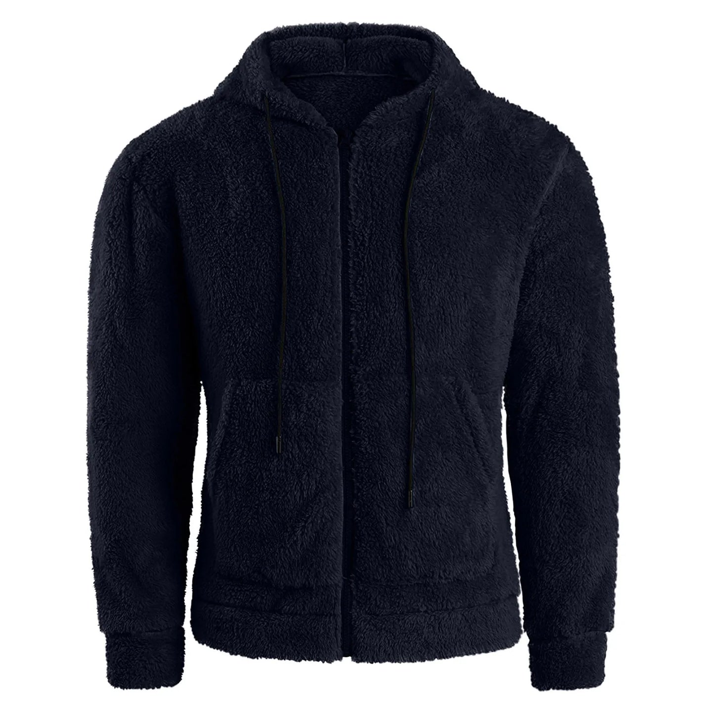 Men Coat Winter Fleece Jacket Plush Zipper Hooded Solid Soft Cold-proof Thermal