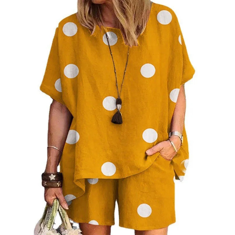 Summer Fashion New Women's Set Polka Dot Print Round Neck Loose Short Sleeve