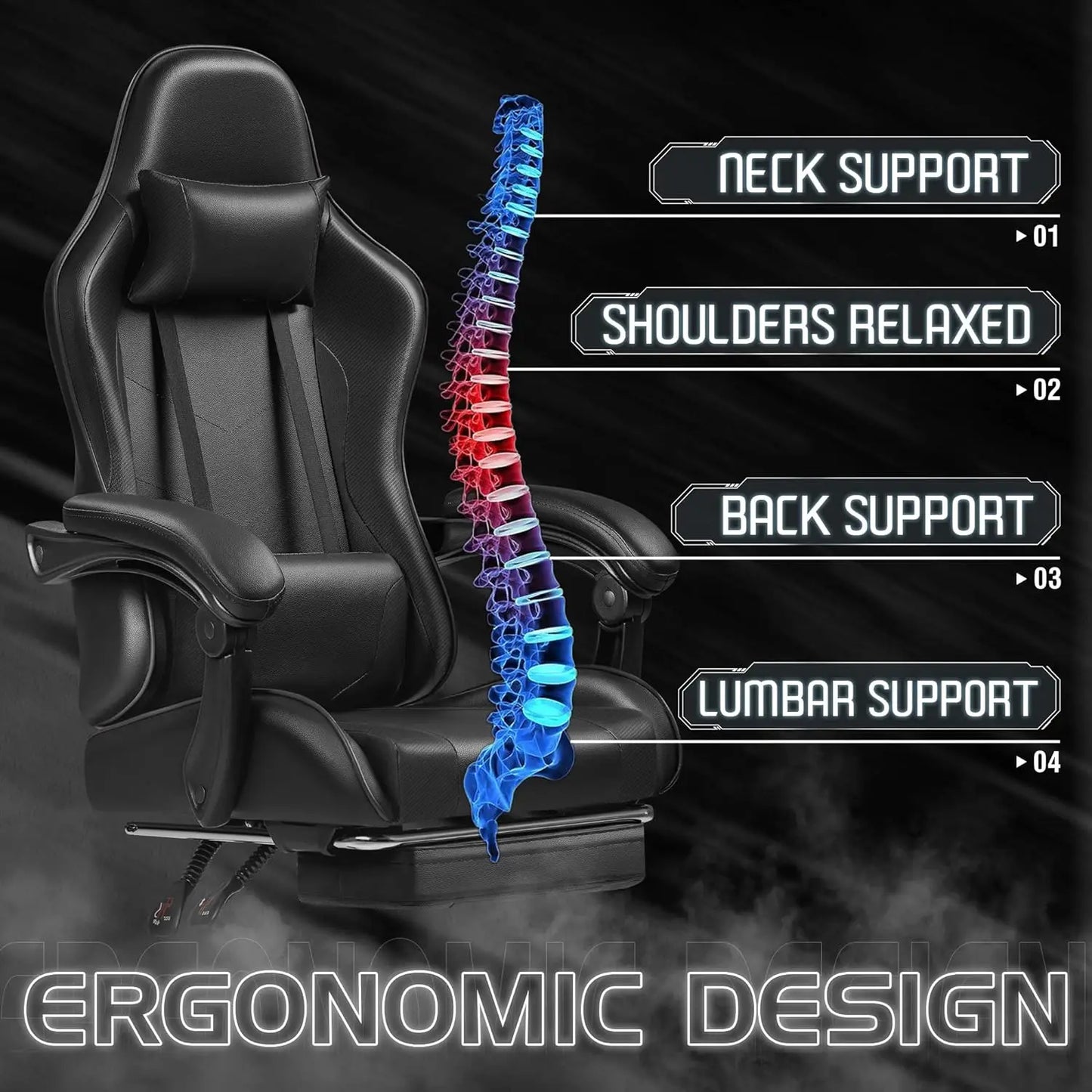 Gaming Chair, Video Game Chair with Footrest and Massage Lumbar Support,