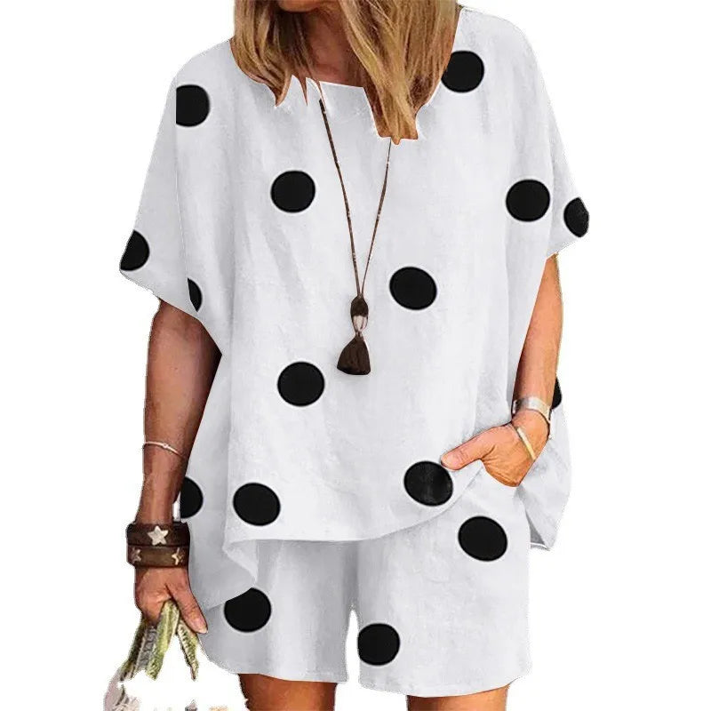 Summer Fashion New Women's Set Polka Dot Print Round Neck Loose Short Sleeve