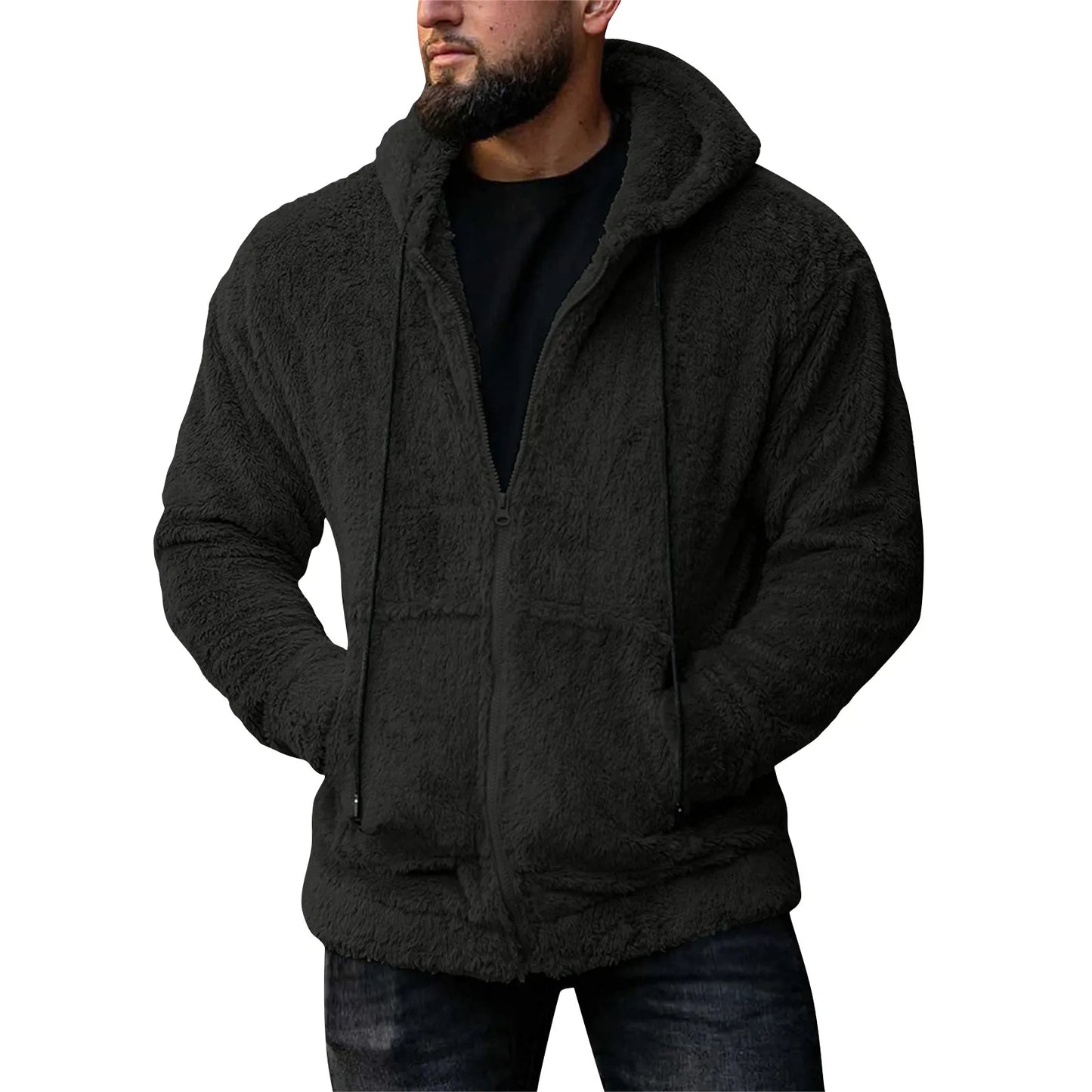 Men Coat Winter Fleece Jacket Plush Zipper Hooded Solid Soft Cold-proof Thermal