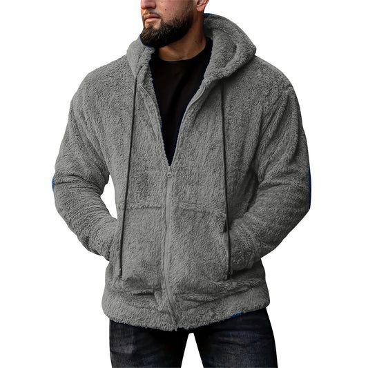 Men Coat Winter Fleece Jacket Plush Zipper Hooded Solid Soft Cold-proof Thermal