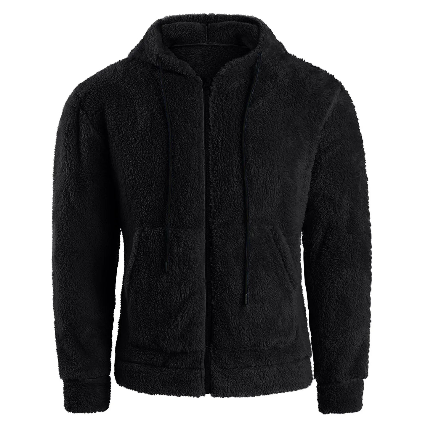 Men Coat Winter Fleece Jacket Plush Zipper Hooded Solid Soft Cold-proof Thermal
