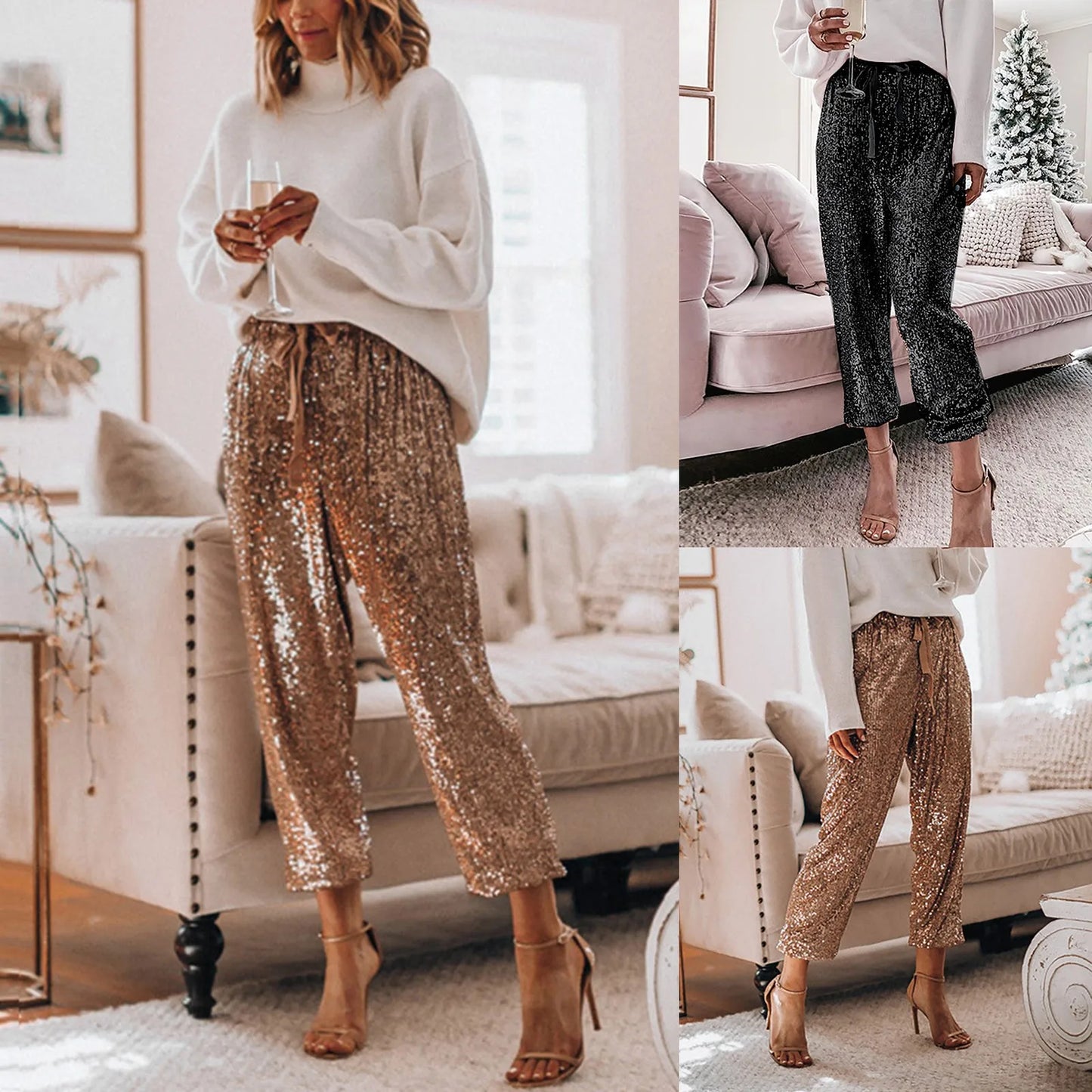Sequin Pants For Women Sequined Shining Loose Full Pant Women Mid Waist Club Night Lady W