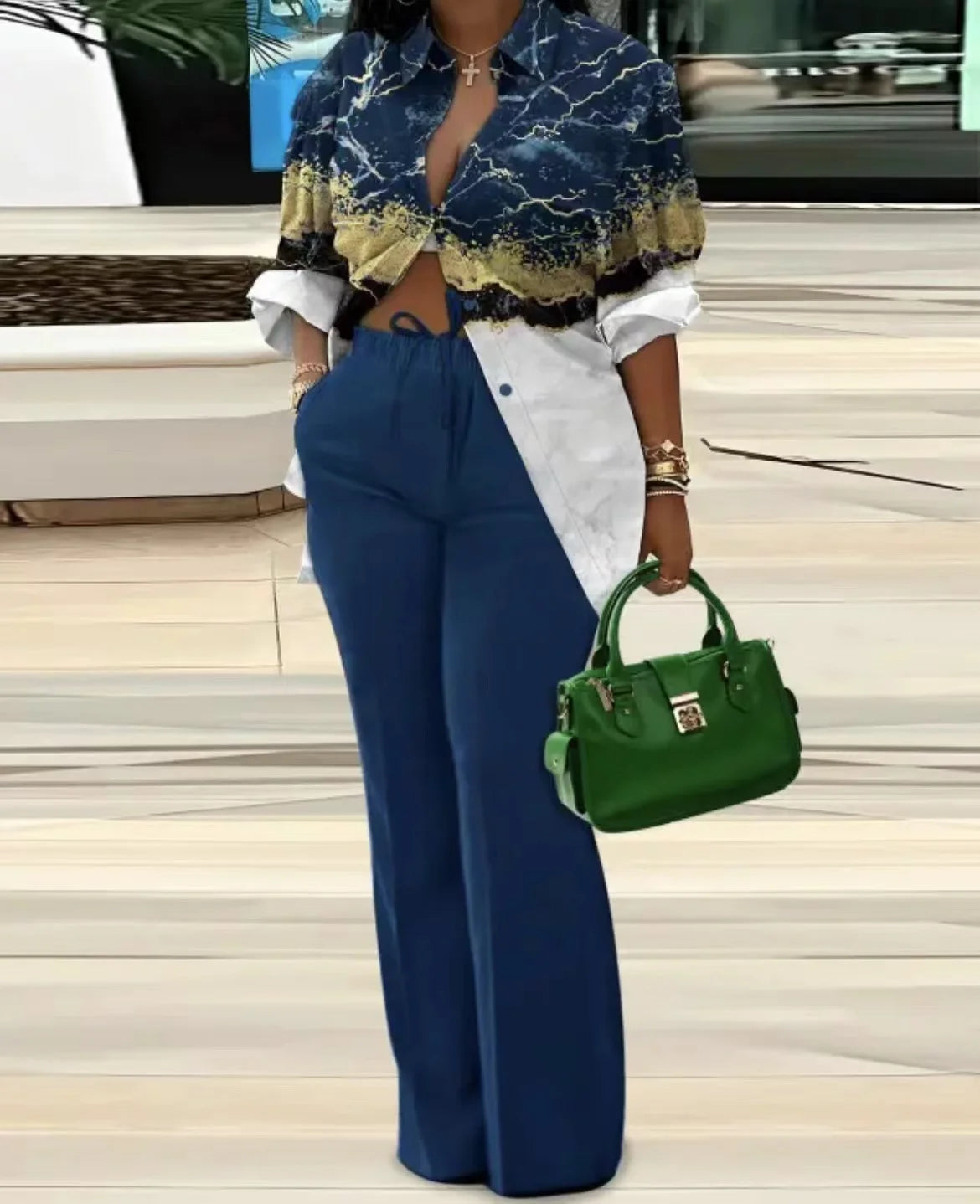 Autumn Fashion Printing Two Piece Set Women Casual Loose Button Long Sleeve Shirt Wide