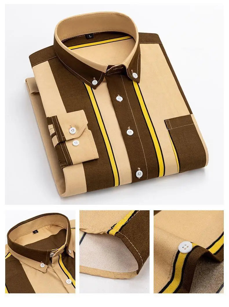 Y2k Spring and Autumn Men's Striped Shirt Long Sleeve Business Casual Square Collar