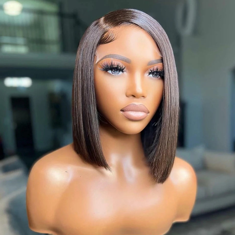 Pre Plucked Brazilian Human Hair Wigs Side Part Bob Wig for Women Natural Color T Part Lace Remy Straight Human Hair Wigs