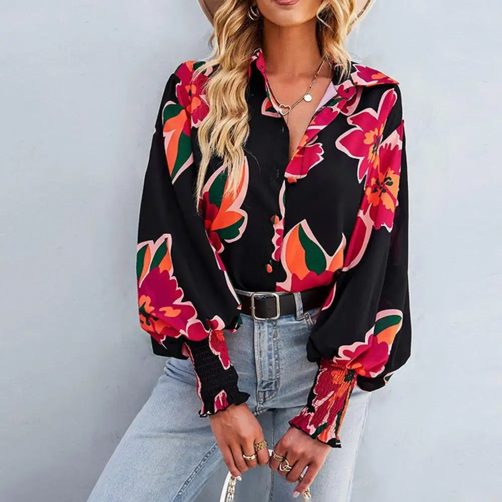Lapel Puff Long Sleeve Pleated Elastic Cuffs Single-breasted Women Shirt Fashion Flower