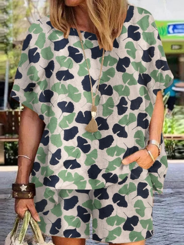 Summer Fashion New Women's Set Polka Dot Print Round Neck Loose Short Sleeve