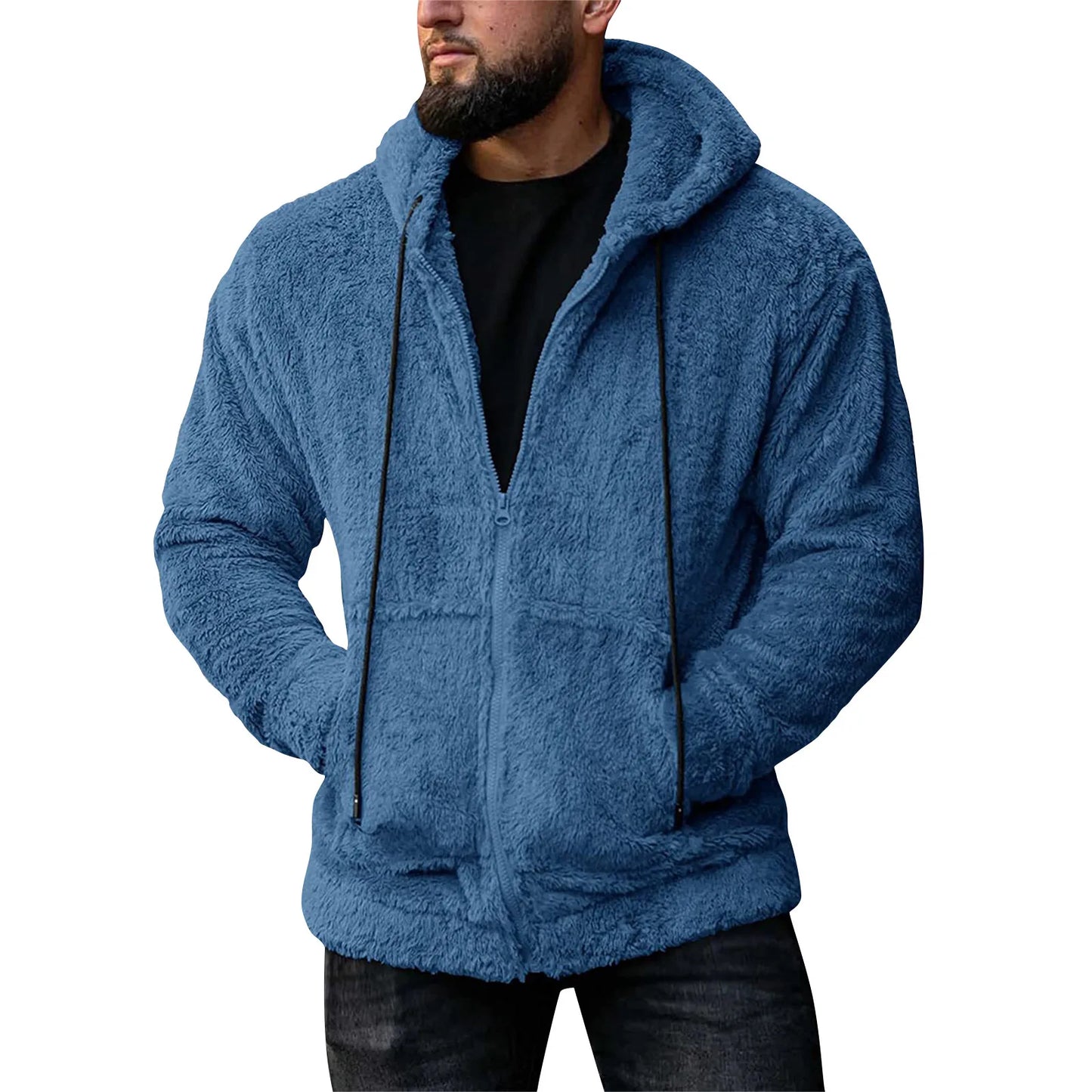 Men Coat Winter Fleece Jacket Plush Zipper Hooded Solid Soft Cold-proof Thermal