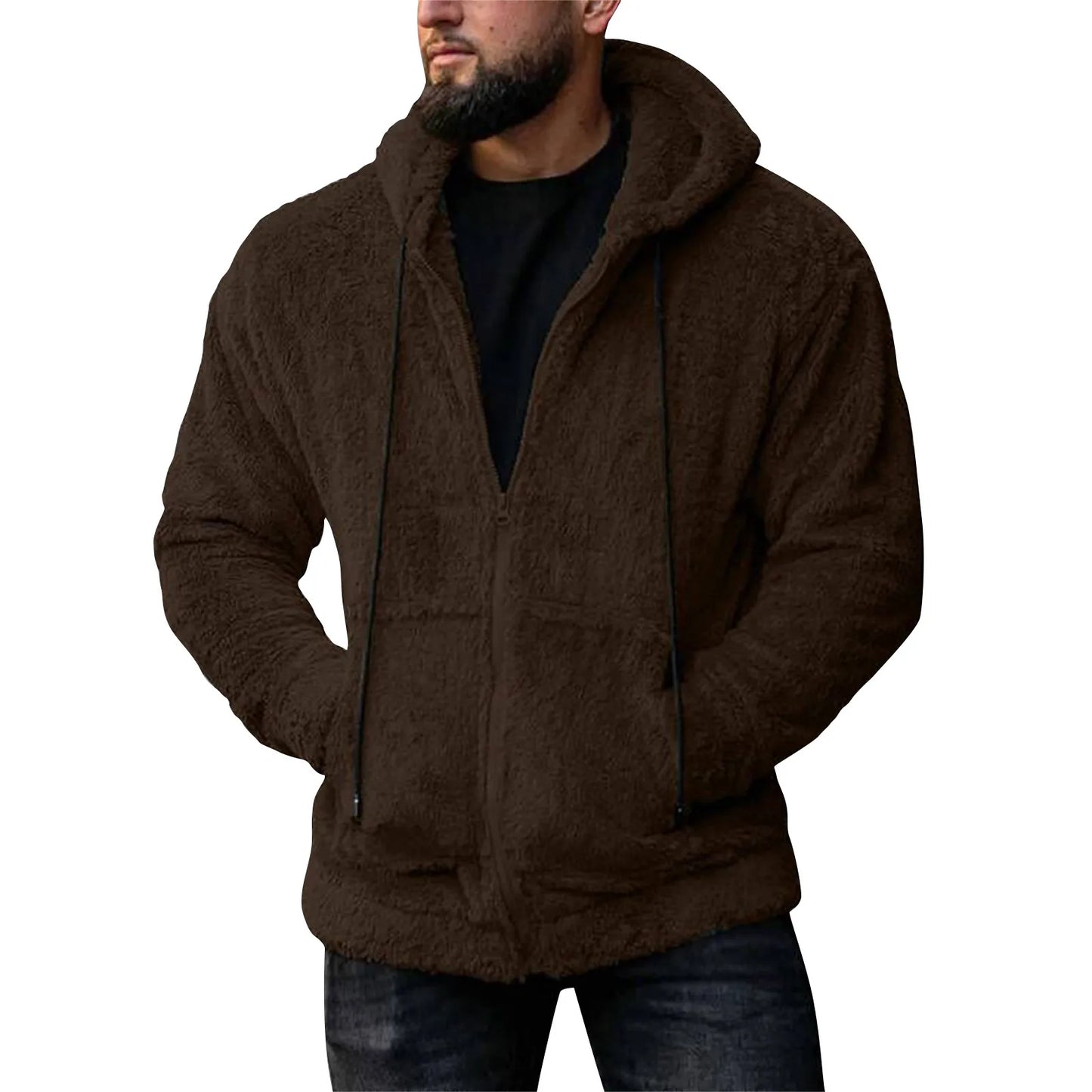 Men Coat Winter Fleece Jacket Plush Zipper Hooded Solid Soft Cold-proof Thermal