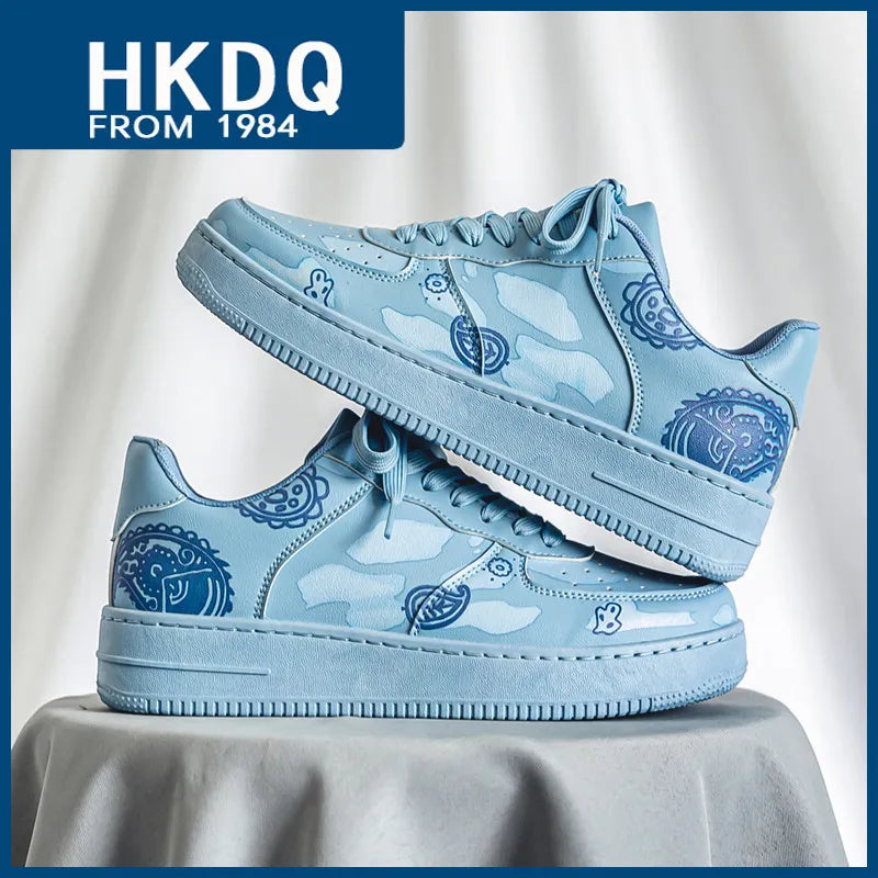 HKDQ Fashion Print Blue Men's Skateboard Shoes Leather Breathable Man