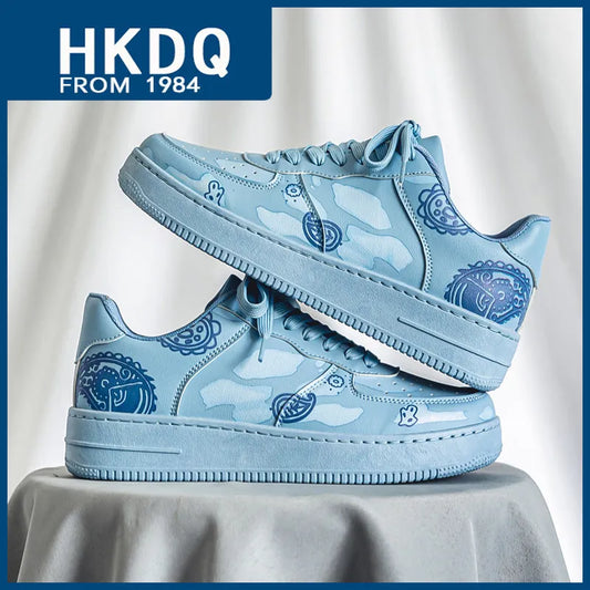 HKDQ Fashion Print Blue Men's Skateboard Shoes Leather Breathable Man