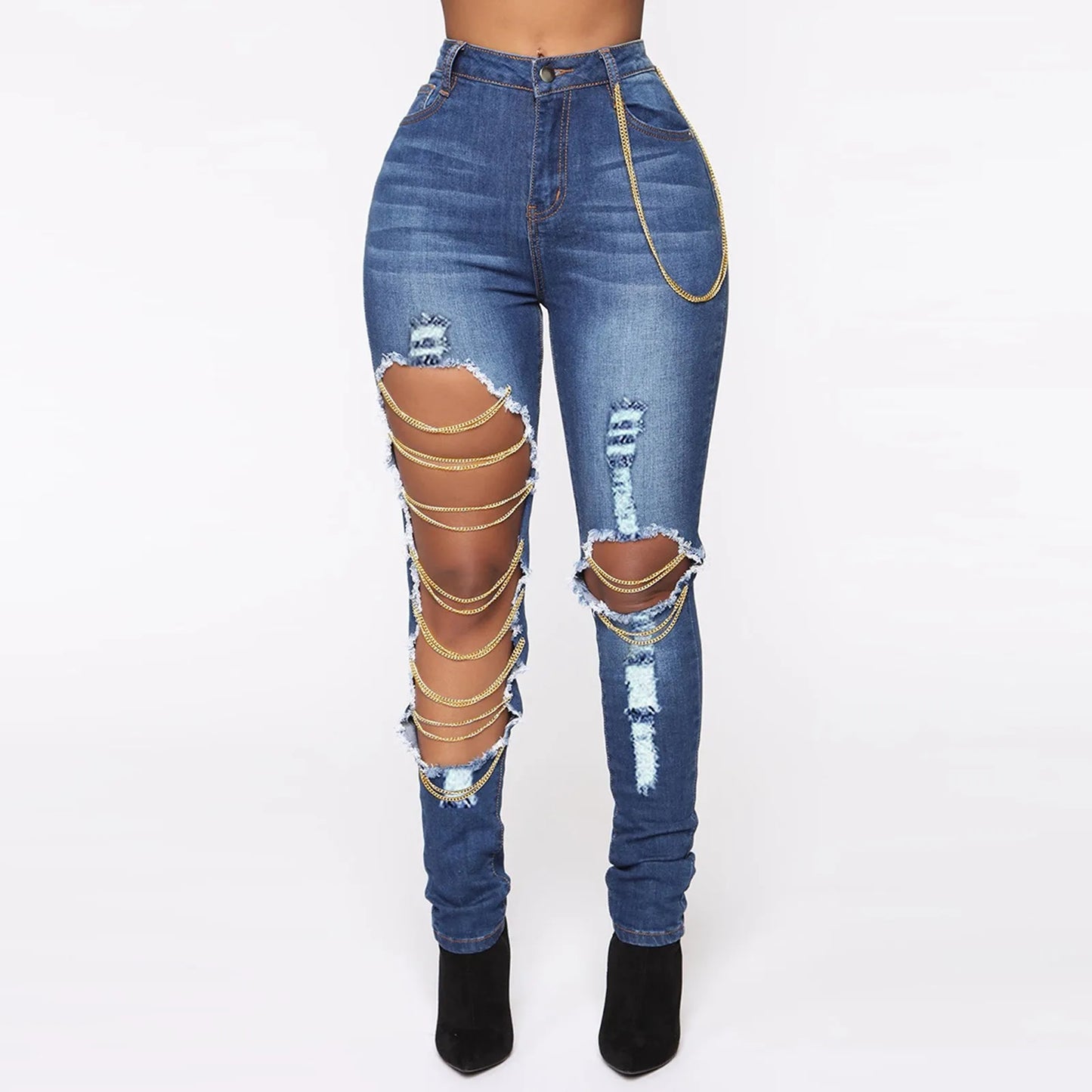 Ladies' Irregular Holes Jeans With Chain Hanging Slim Washed High Waist Leisure